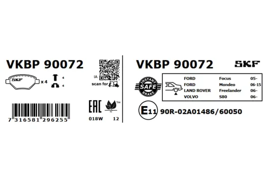 Bremsbelagsatz, Scheibenbremse SKF VKBP 90072 Bild Bremsbelagsatz, Scheibenbremse SKF VKBP 90072