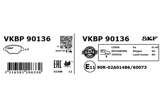 Bremsbelagsatz, Scheibenbremse Hinterachse SKF VKBP 90136 Bild Bremsbelagsatz, Scheibenbremse Hinterachse SKF VKBP 90136