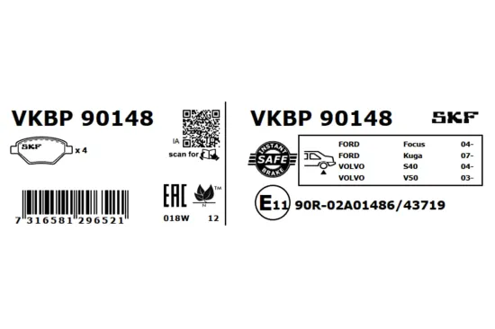 Bremsbelagsatz, Scheibenbremse SKF VKBP 90148 Bild Bremsbelagsatz, Scheibenbremse SKF VKBP 90148