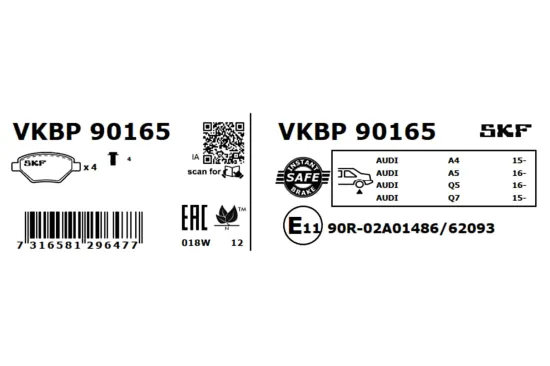 Bremsbelagsatz, Scheibenbremse Hinterachse SKF VKBP 90165 Bild Bremsbelagsatz, Scheibenbremse Hinterachse SKF VKBP 90165