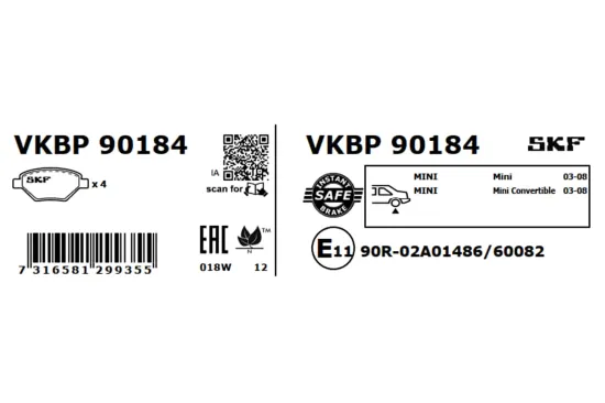 Bremsbelagsatz, Scheibenbremse Hinterachse SKF VKBP 90184 Bild Bremsbelagsatz, Scheibenbremse Hinterachse SKF VKBP 90184
