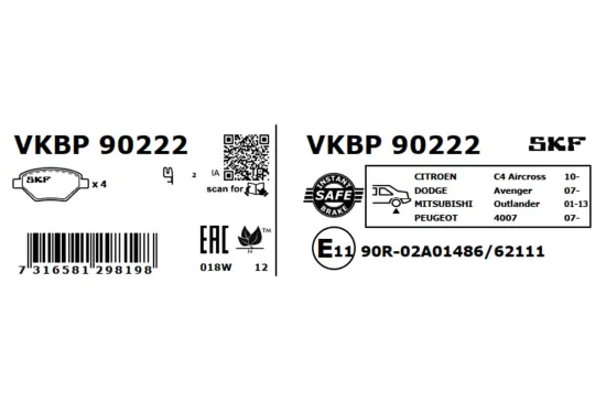 Bremsbelagsatz, Scheibenbremse SKF VKBP 90222 Bild Bremsbelagsatz, Scheibenbremse SKF VKBP 90222