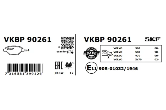 Bremsbelagsatz, Scheibenbremse SKF VKBP 90261 Bild Bremsbelagsatz, Scheibenbremse SKF VKBP 90261