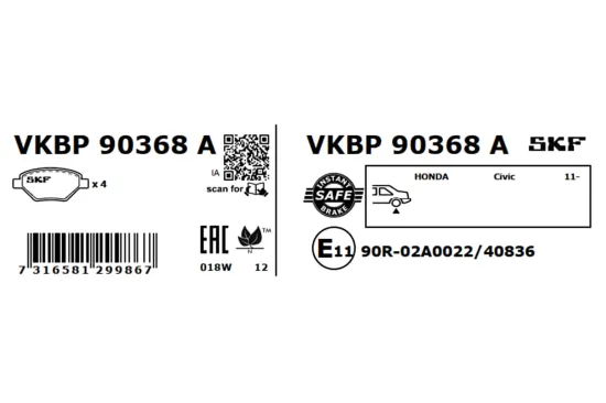 Bremsbelagsatz, Scheibenbremse Hinterachse SKF VKBP 90368 A Bild Bremsbelagsatz, Scheibenbremse Hinterachse SKF VKBP 90368 A