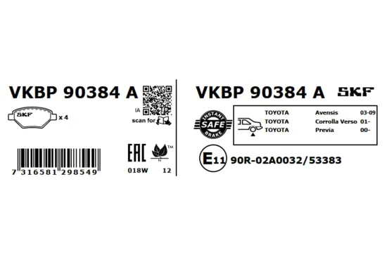 Bremsbelagsatz, Scheibenbremse Hinterachse SKF VKBP 90384 A Bild Bremsbelagsatz, Scheibenbremse Hinterachse SKF VKBP 90384 A