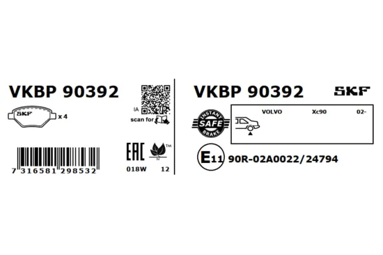 Bremsbelagsatz, Scheibenbremse Hinterachse SKF VKBP 90392 Bild Bremsbelagsatz, Scheibenbremse Hinterachse SKF VKBP 90392