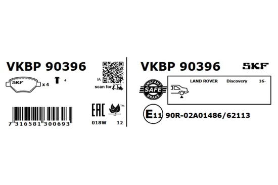 Bremsbelagsatz, Scheibenbremse Hinterachse SKF VKBP 90396 Bild Bremsbelagsatz, Scheibenbremse Hinterachse SKF VKBP 90396