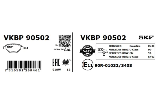 Bremsbelagsatz, Scheibenbremse Hinterachse SKF VKBP 90502 Bild Bremsbelagsatz, Scheibenbremse Hinterachse SKF VKBP 90502