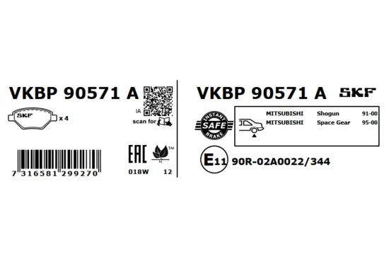 Bremsbelagsatz, Scheibenbremse Hinterachse SKF VKBP 90571 A Bild Bremsbelagsatz, Scheibenbremse Hinterachse SKF VKBP 90571 A