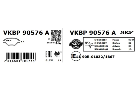 Bremsbelagsatz, Scheibenbremse Hinterachse SKF VKBP 90576 A Bild Bremsbelagsatz, Scheibenbremse Hinterachse SKF VKBP 90576 A