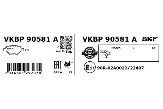 Bremsbelagsatz, Scheibenbremse Hinterachse SKF VKBP 90581 A Bild Bremsbelagsatz, Scheibenbremse Hinterachse SKF VKBP 90581 A