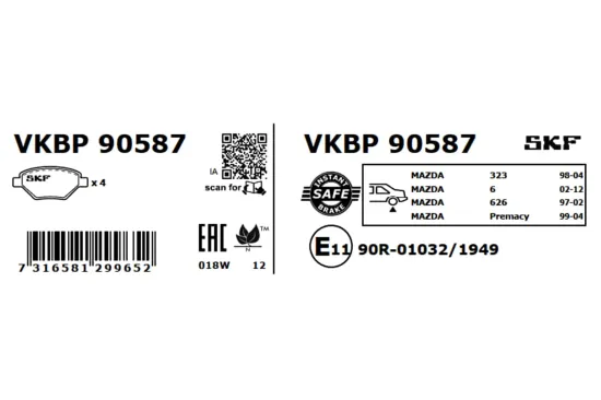 Bremsbelagsatz, Scheibenbremse Hinterachse SKF VKBP 90587 Bild Bremsbelagsatz, Scheibenbremse Hinterachse SKF VKBP 90587