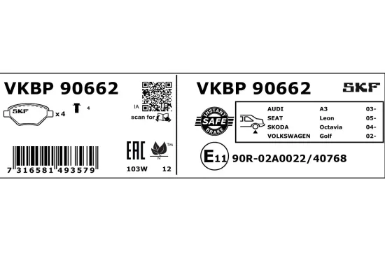 Bremsbelagsatz, Scheibenbremse Hinterachse SKF VKBP 90662 Bild Bremsbelagsatz, Scheibenbremse Hinterachse SKF VKBP 90662