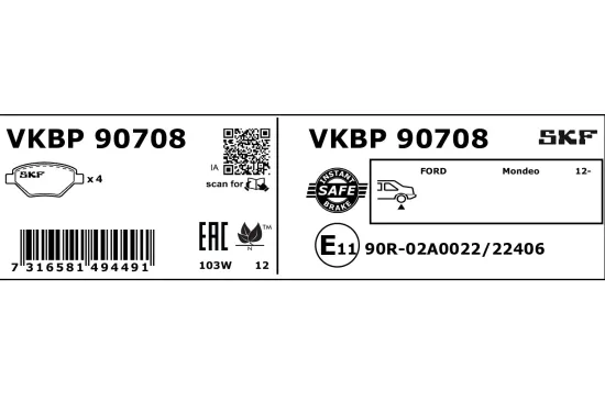 Bremsbelagsatz, Scheibenbremse SKF VKBP 90708 Bild Bremsbelagsatz, Scheibenbremse SKF VKBP 90708