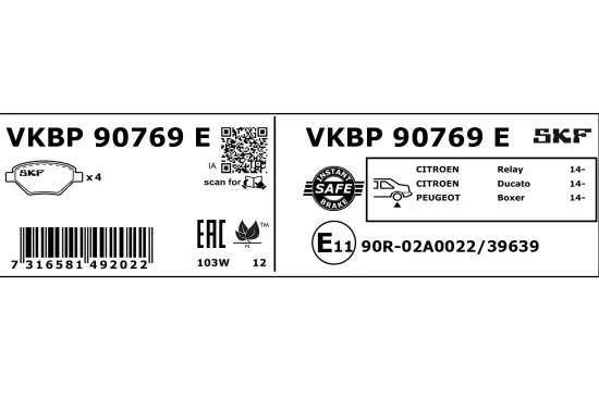 Bremsbelagsatz, Scheibenbremse SKF VKBP 90769 E Bild Bremsbelagsatz, Scheibenbremse SKF VKBP 90769 E