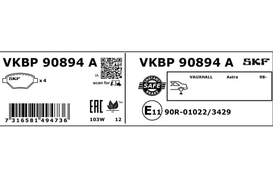 Bremsbelagsatz, Scheibenbremse SKF VKBP 90894 A Bild Bremsbelagsatz, Scheibenbremse SKF VKBP 90894 A