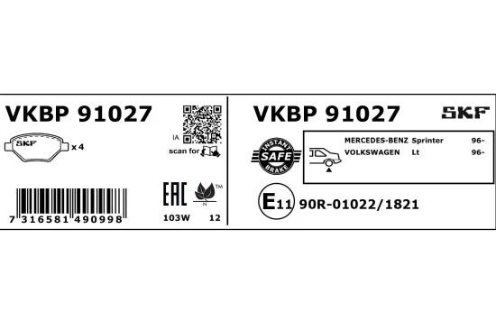 Bremsbelagsatz, Scheibenbremse Hinterachse SKF VKBP 91027 Bild Bremsbelagsatz, Scheibenbremse Hinterachse SKF VKBP 91027