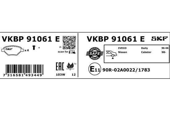 Bremsbelagsatz, Scheibenbremse Hinterachse SKF VKBP 91061 E Bild Bremsbelagsatz, Scheibenbremse Hinterachse SKF VKBP 91061 E