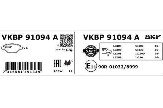 Bremsbelagsatz, Scheibenbremse Hinterachse SKF VKBP 91094 A Bild Bremsbelagsatz, Scheibenbremse Hinterachse SKF VKBP 91094 A