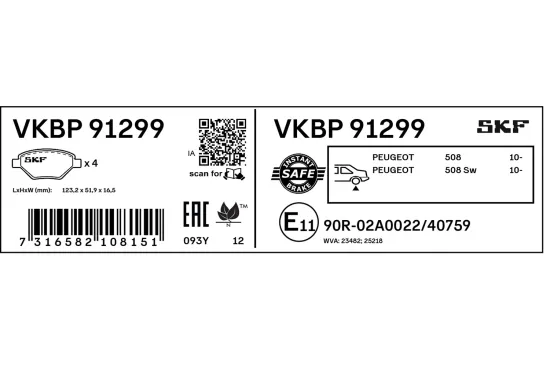Bremsbelagsatz, Scheibenbremse Hinterachse SKF VKBP 91299 Bild Bremsbelagsatz, Scheibenbremse Hinterachse SKF VKBP 91299