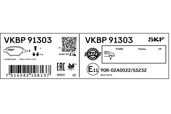 Bremsbelagsatz, Scheibenbremse Hinterachse SKF VKBP 91303 Bild Bremsbelagsatz, Scheibenbremse Hinterachse SKF VKBP 91303