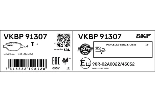 Bremsbelagsatz, Scheibenbremse Hinterachse SKF VKBP 91307 Bild Bremsbelagsatz, Scheibenbremse Hinterachse SKF VKBP 91307