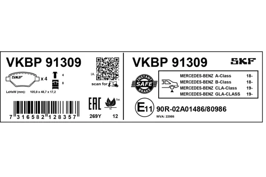 Bremsbelagsatz, Scheibenbremse Hinterachse SKF VKBP 91309 Bild Bremsbelagsatz, Scheibenbremse Hinterachse SKF VKBP 91309