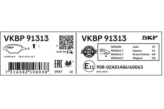 Bremsbelagsatz, Scheibenbremse Hinterachse SKF VKBP 91313 Bild Bremsbelagsatz, Scheibenbremse Hinterachse SKF VKBP 91313