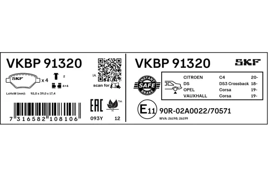 Bremsbelagsatz, Scheibenbremse Hinterachse SKF VKBP 91320 Bild Bremsbelagsatz, Scheibenbremse Hinterachse SKF VKBP 91320