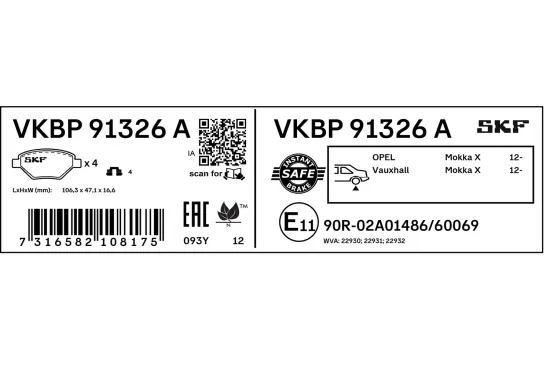 Bremsbelagsatz, Scheibenbremse Hinterachse SKF VKBP 91326 A Bild Bremsbelagsatz, Scheibenbremse Hinterachse SKF VKBP 91326 A