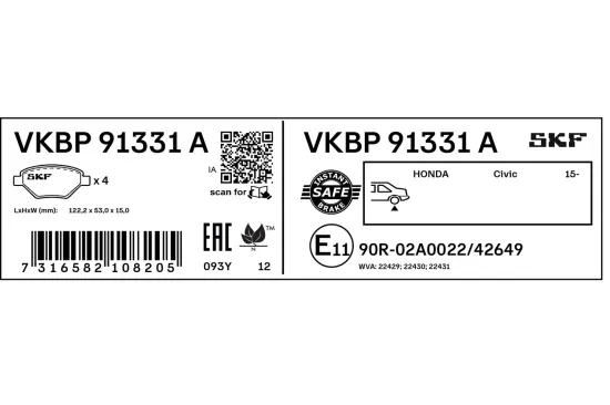Bremsbelagsatz, Scheibenbremse Hinterachse SKF VKBP 91331 A Bild Bremsbelagsatz, Scheibenbremse Hinterachse SKF VKBP 91331 A