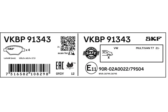 Bremsbelagsatz, Scheibenbremse Hinterachse SKF VKBP 91343 Bild Bremsbelagsatz, Scheibenbremse Hinterachse SKF VKBP 91343