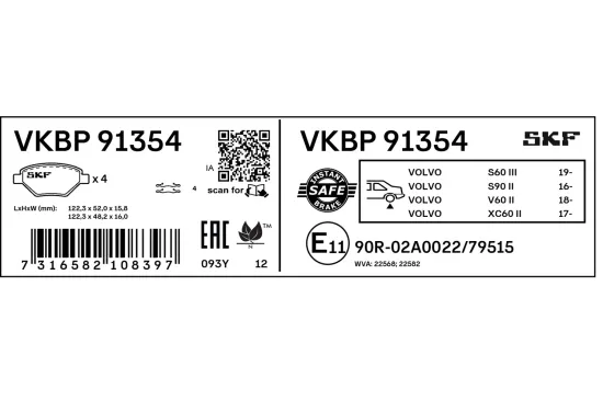 Bremsbelagsatz, Scheibenbremse Hinterachse SKF VKBP 91354 Bild Bremsbelagsatz, Scheibenbremse Hinterachse SKF VKBP 91354