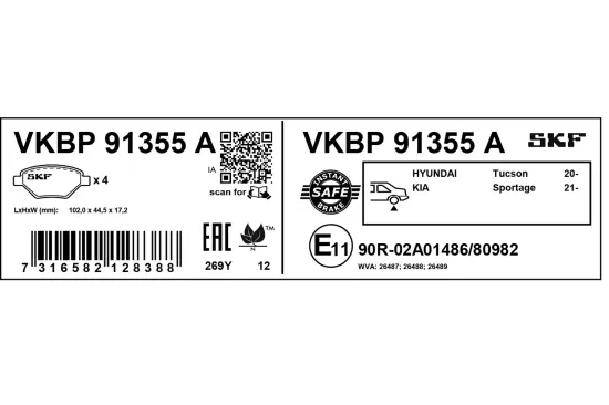 Bremsbelagsatz, Scheibenbremse Hinterachse SKF VKBP 91355 A Bild Bremsbelagsatz, Scheibenbremse Hinterachse SKF VKBP 91355 A