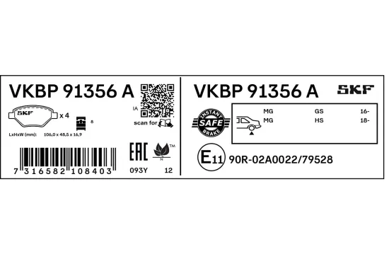 Bremsbelagsatz, Scheibenbremse Hinterachse SKF VKBP 91356 A Bild Bremsbelagsatz, Scheibenbremse Hinterachse SKF VKBP 91356 A