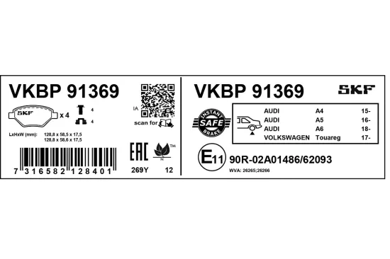 Bremsbelagsatz, Scheibenbremse Hinterachse SKF VKBP 91369 Bild Bremsbelagsatz, Scheibenbremse Hinterachse SKF VKBP 91369