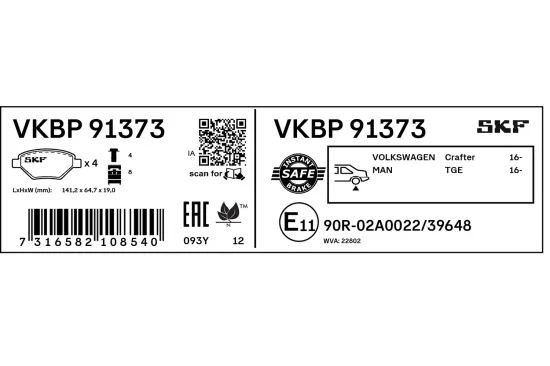 Bremsbelagsatz, Scheibenbremse Hinterachse SKF VKBP 91373 Bild Bremsbelagsatz, Scheibenbremse Hinterachse SKF VKBP 91373