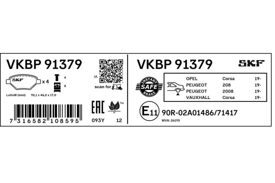 Bremsbelagsatz, Scheibenbremse Hinterachse SKF VKBP 91379 Bild Bremsbelagsatz, Scheibenbremse Hinterachse SKF VKBP 91379