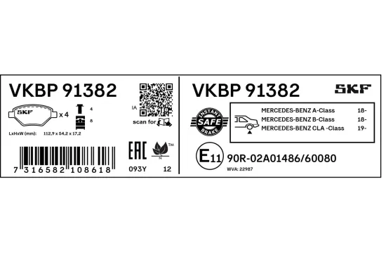 Bremsbelagsatz, Scheibenbremse Hinterachse SKF VKBP 91382 Bild Bremsbelagsatz, Scheibenbremse Hinterachse SKF VKBP 91382