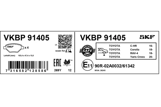 Bremsbelagsatz, Scheibenbremse Hinterachse SKF VKBP 91405 Bild Bremsbelagsatz, Scheibenbremse Hinterachse SKF VKBP 91405