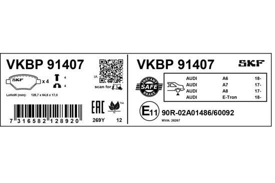 Bremsbelagsatz, Scheibenbremse Hinterachse SKF VKBP 91407 Bild Bremsbelagsatz, Scheibenbremse Hinterachse SKF VKBP 91407