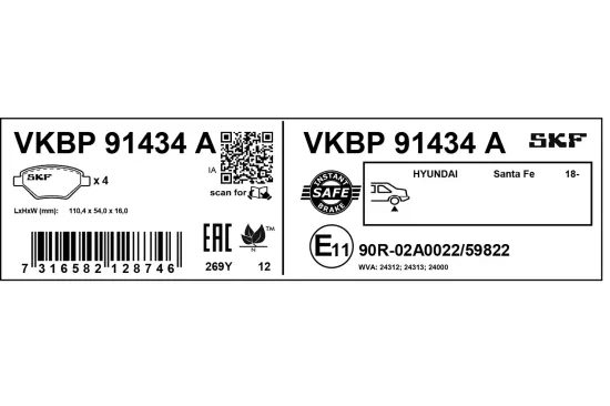 Bremsbelagsatz, Scheibenbremse Hinterachse SKF VKBP 91434 A Bild Bremsbelagsatz, Scheibenbremse Hinterachse SKF VKBP 91434 A