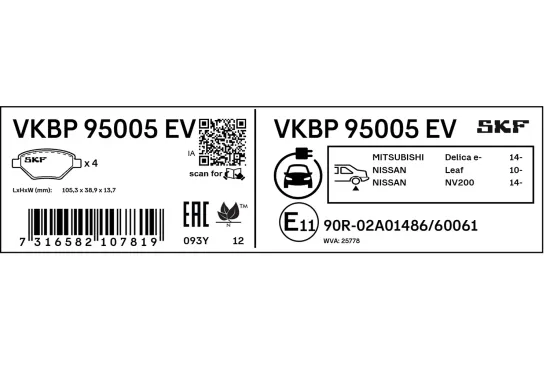 Bremsbelagsatz, Scheibenbremse Hinterachse SKF VKBP 95005 EV Bild Bremsbelagsatz, Scheibenbremse Hinterachse SKF VKBP 95005 EV