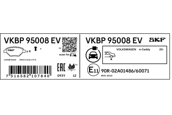 Bremsbelagsatz, Scheibenbremse Hinterachse SKF VKBP 95008 EV Bild Bremsbelagsatz, Scheibenbremse Hinterachse SKF VKBP 95008 EV
