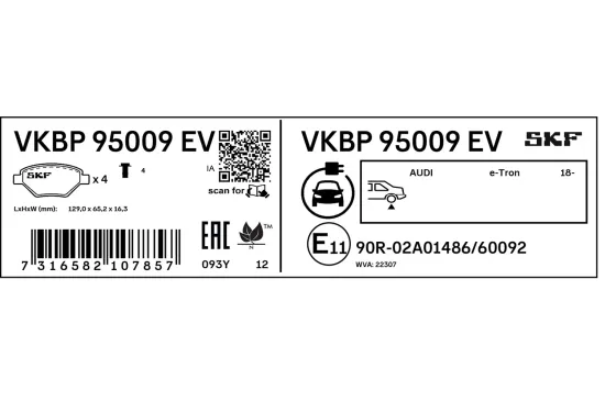 Bremsbelagsatz, Scheibenbremse Hinterachse SKF VKBP 95009 EV Bild Bremsbelagsatz, Scheibenbremse Hinterachse SKF VKBP 95009 EV