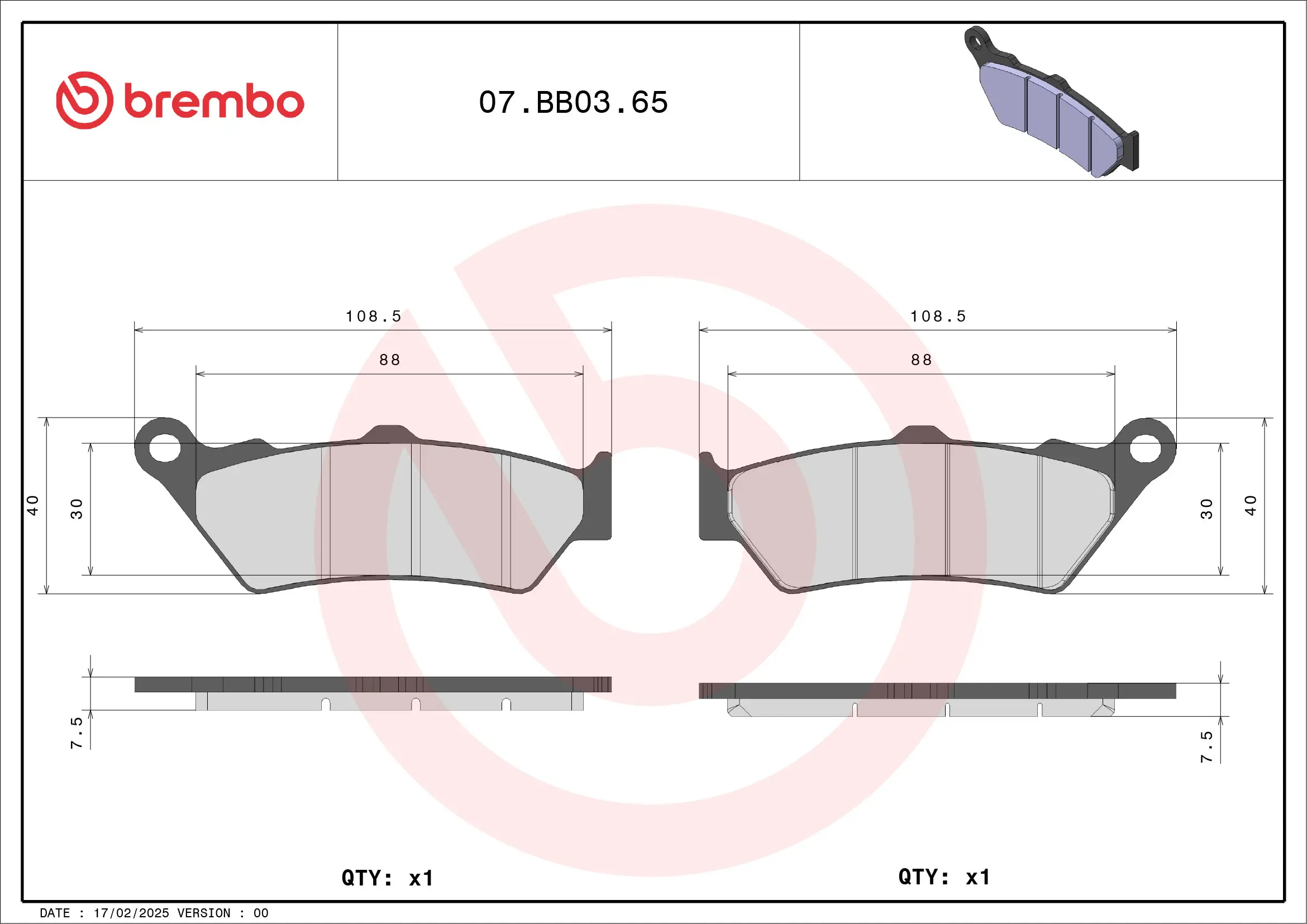 Bremsbelagsatz, Scheibenbremse BREMBO 07BB0365