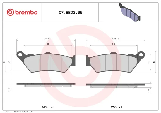 Bremsbelagsatz, Scheibenbremse BREMBO 07BB0365 Bild Bremsbelagsatz, Scheibenbremse BREMBO 07BB0365
