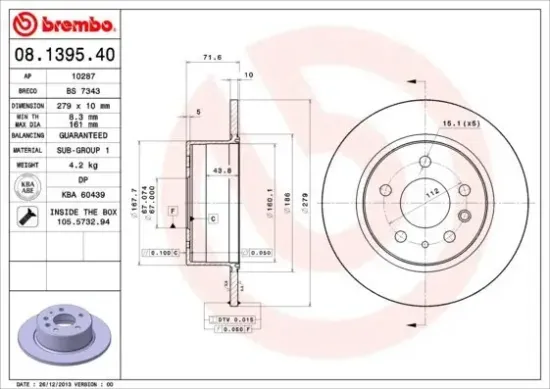 Bremsscheibe Hinterachse BREMBO 08.1395.40 Bild Bremsscheibe Hinterachse BREMBO 08.1395.40