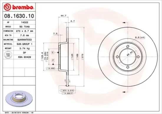 Bremsscheibe Vorderachse BREMBO 08.1630.10 Bild Bremsscheibe Vorderachse BREMBO 08.1630.10