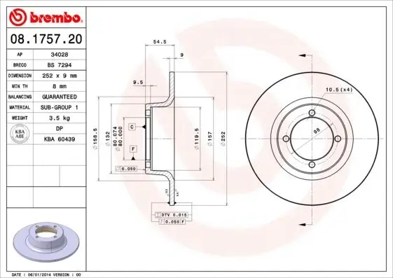 Bremsscheibe Vorderachse BREMBO 08.1757.20